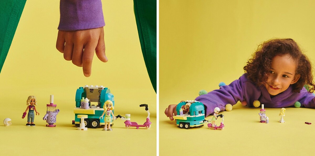 LEGO Friends Mobilny sklep z bubble tea 41733 dziecko kreatywność zabawa nauka rozwój klocki figurki minifigurki jakość tradycja konstrukcja nauka wyobraźnia role jakość bezpieczeństwo wyobraźnia budowanie pasja hobby funkcje instrukcje przyczepka kasa stolik maskotka menu