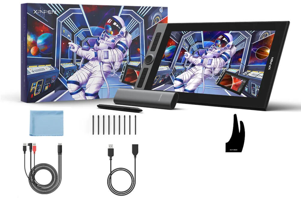 Tablet graficzny XP-PEN Artist Pro 16 o przekątnej 15,4 rysik X3 Elite Plus 9x wkład do rysika piórnik kabel 3 w 1 (USB-C / USB-A, HDMI, USB-A) przedłużacz USB-A rękawiczka ściereczka do czyszczenia zasilacz instrukcja obsługi