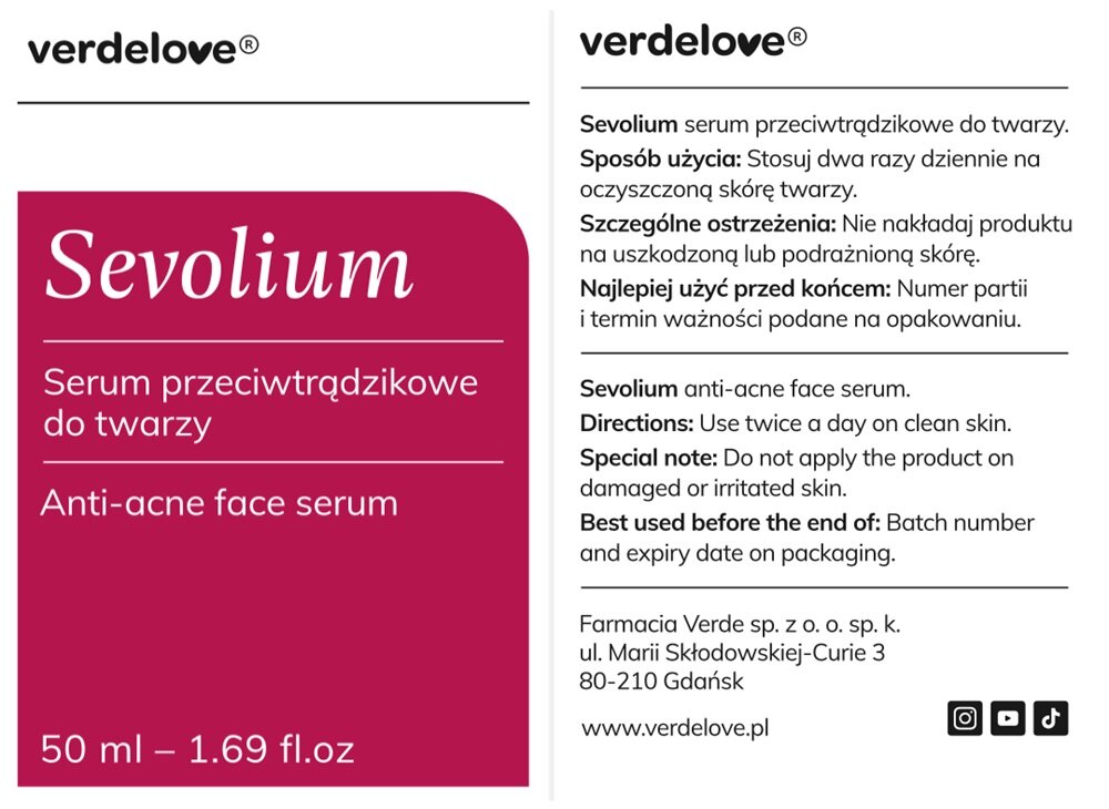 Serum VERDELOVE Sevolium przeciwtrądzikowe 50 ml dwa razy dziennie, w temperaturze pokojowej