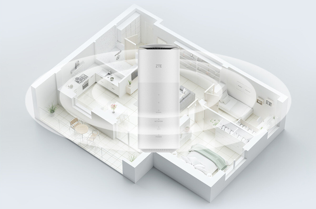 Router ZTE MC888 Pro Świecąca grafika cyfrowa z napisem „5400 Mbps” w centrum, otoczona smugami niebieskiego i czerwonego światła oraz ikonami mediów, telefonu, przesyłania i pobierania danych.
