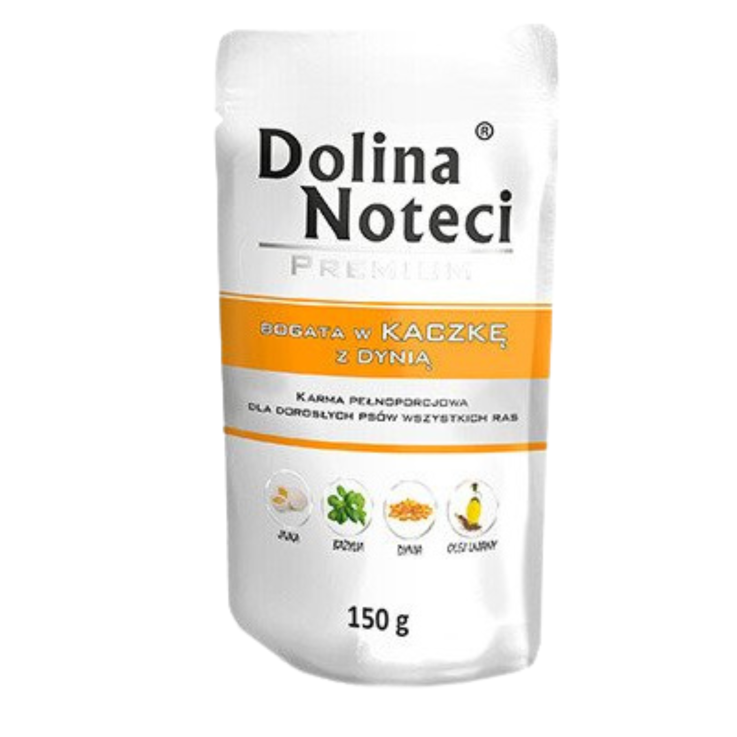 Opakowanie produktu Dolina Noteci Premium, bogata w kaczkę z dynią, 150 g. Na opakowaniu widoczne są ilustracje składników: jaja, groszek, dynia, olej lniany.