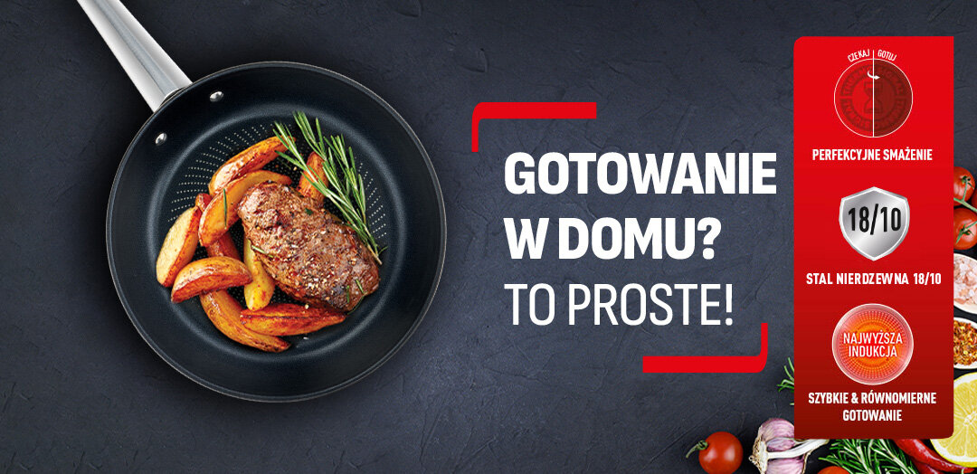 Ujęcie z góry: patelnia TEFAL Cook Eat z mięsem i warzywami i rozmarynem, na dalszym planie pomidory i czosnek. Obok apla z funkcjami patelni.