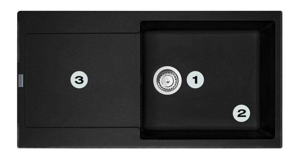 Zlewozmywak FRANKE Maris MRG 611-97 XL 114.0675.976 onyx Postaw na komfort w kuchni zlewozmywak z góry z widocznymi numerami 1 na ociekaczu 2 na odpływie 3 na głębokiej komorze