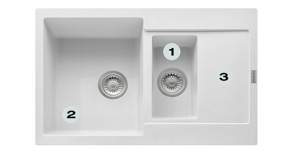 Zlewozmywak FRANKE Maris MRG 651-78 114.0675.990 Biały polarny Postaw na komfort w kuchni zlewozmywak z góry z widocznymi numerami 1 na ociekaczu 2 na odpływie 3 na głębokiej komorze