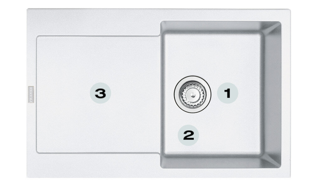 Zlewozmywak FRANKE Maris MRG 611-78 114.0676.023 Biały polarny Postaw na komfort w kuchni zlewozmywak z góry z widocznymi numerami 1 na ociekaczu 2 na odpływie 3 na głębokiej komorze