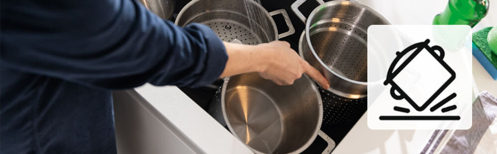 Zlewozmywak FRANKE Mythos MTG 651-100 114.0675.933 Kamienny szary wiele naczyń umieszczonych w zlewie ikona symbolizująca odporność na uderzenia fragranite wytrzymłość na zarysowania uderzenia