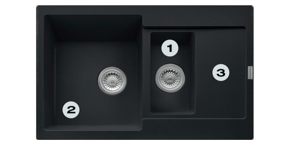 Zlewozmywak FRANKE Maris MRG 651-78 114.0675.991 Czarny matowy Postaw na komfort w kuchni zlewozmywak z góry z widocznymi numerami 1 na ociekaczu 2 na odpływie 3 na głębokiej komorze