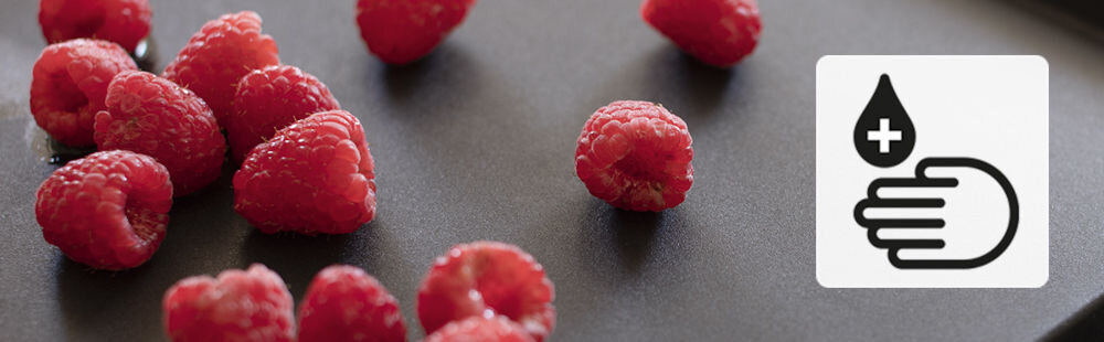 Zlewozmywak jednokomorowy z ociekaczem FRANKE Mythos MTG 611-100 114.0675.938 Kamienny szary 51.5x100 maliny leżące na ocekaczu zlewu ikona symbolizująca higieniczność minimalne ryzyko gromadzenia się bakterii