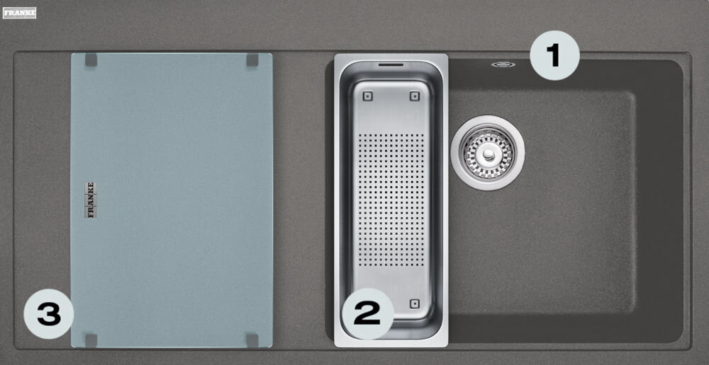 Zlewozmywak jednokomorowy z ociekaczem FRANKE Mythos MTG 611-100 114.0675.938 Kamienny szary 51.5x100 zlewozmywak z góry z widocznymi numerami 1 na ociekaczu 2 na odpływie 3 na głębokiej komorze