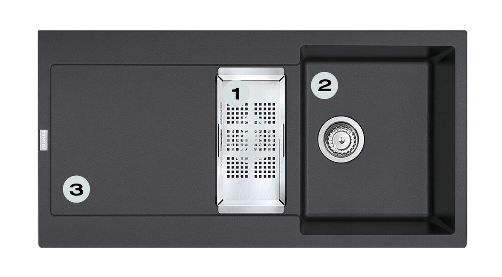 Zlewozmywak FRANKE Maris MRG 651-97 114.0675.995 ONYX Postaw na komfort w kuchni zlewozmywak z góry z widocznymi numerami 1 na ociekaczu 2 na odpływie 3 na głębokiej komorze