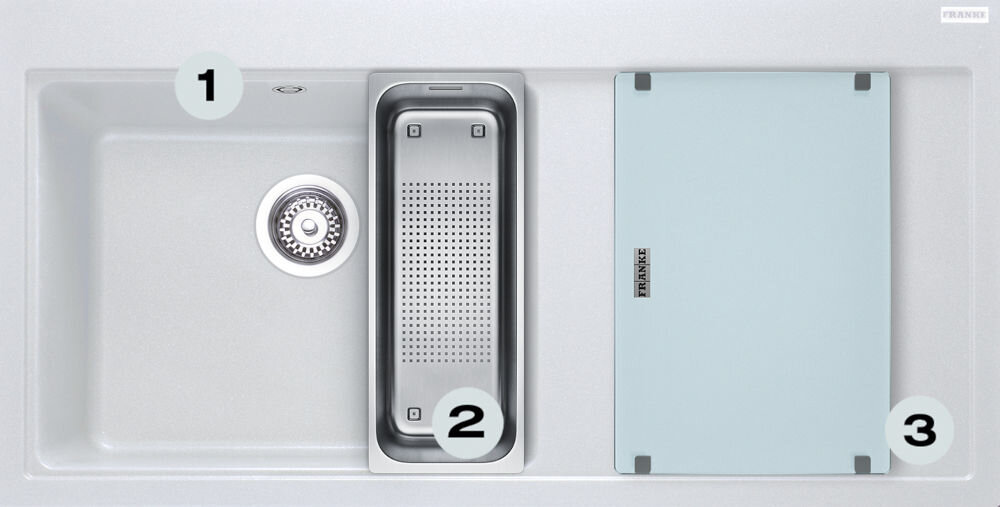 Zlewozmywak FRANKE Mythos MTG 611-100 114.0675.971 Biały Polarny zlewozmywak z góry z widocznymi numerami 1 na ociekaczu 2 na odpływie 3 na głębokiej komorze