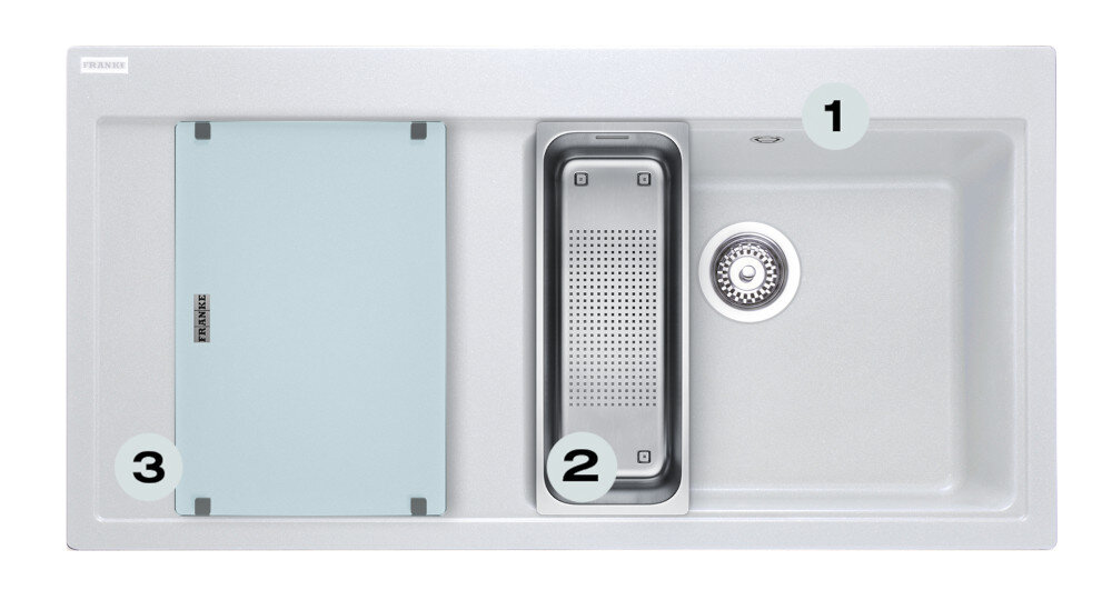 Zlewozmywak FRANKE Mythos MTG 611-100 114.0675.972 BIAŁY POLARNY Postaw na komfort w kuchni zlewozmywak z góry z widocznymi numerami 1 na ociekaczu 2 na odpływie 3 na głębokiej komorze