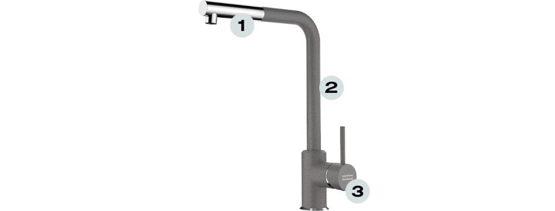 Bateria FRANKE Sirius L Side Pull-out 115.0668.381 Chrom-kamienny szary Duży zasięg wylewki Wysoka wylewka korzyści zalety