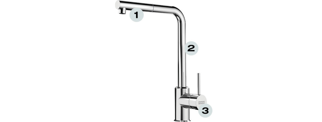 Bateria FRANKE Sirius L Side Pull-out 115.0668.280 Chrom Duży zasięg wylewki Wysoka wylewka korzyści zalety