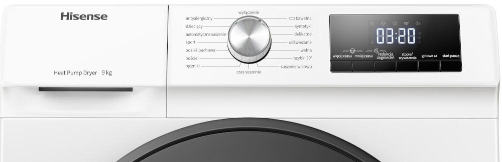 HISENSE DHQA903V obsługa suszarka czytelny elektroniczny panel sterowanie wyświetlacz pokrętło ustawienia czas program suszenie
