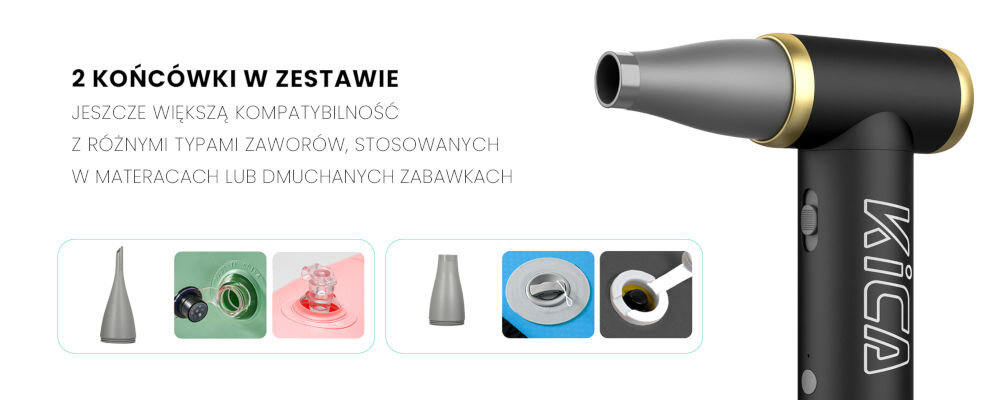Dmuchawa wielofunkcyjna FeiyuTech KiCA JetFan 2 Zielony białe tło czarna dmuchawa złote elementy zamocowana końcówka na ilustracjach przedstawione końcówki funkcja nadmuchiwania i odsysania powietrza dwie gwintowane końcówki montowanie na wlocie lub wylocie szybkie opróżnienie materaców baseników dziecięcych innych nadmuchiwanych akcesoriów podczas biwaków podróży codziennego użytkowania