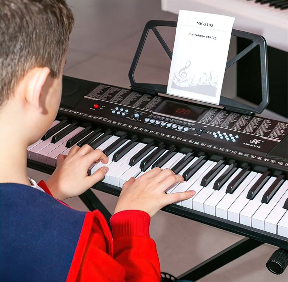 Keyboard MK 2102 Czarny dla najmłodszych muzyka pasja funkcje tradycja start gniazda odtwarzacz mp3 wygoda przenoszenie