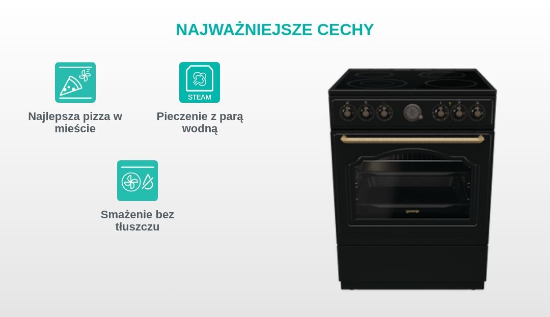 KUCHNIA GORENJE GECS6B70CLB Grafika produktowa z kuchnią wolnostojącą Gorenje po prawej stronie oraz trzema turkusowymi piktogramami po lewej, opisanymi jako „Najlepsza pizza w mieście”, „Stabilne i trwałe ruszty” i „Łatwe wysuwanie blach” pod nagłówkiem „NAJWAŻNIEJSZE CECHY”