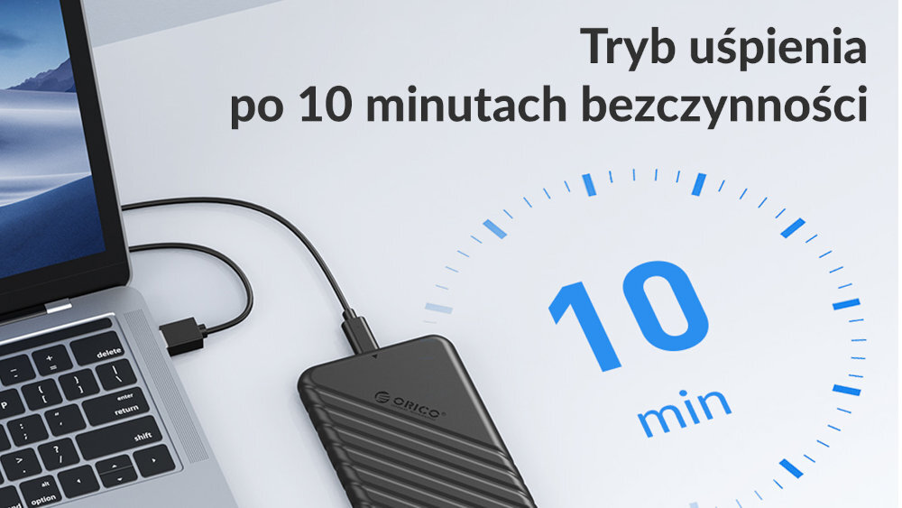 ORICO 25PW1 Czarny kolor 10 minutach bezczynności tryb uśpienia Dioda porcie USB-C trybie czuwania ciągłym światłem przerywanym - obudowa podpięta pod laptopa zegar z napisem 10