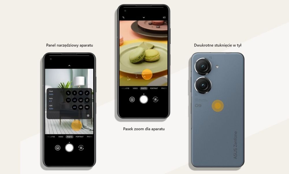 Smartfon ASUS Zenfone 9  ekran bateria aparat procesor ram pamięć pojemność rozdzielczość zdjęcia filmy opis dane cechy blokady system łączność wifi bluetooth obudowa szkło odporność porty muzyka transfer sieć przekątna matryca waga czujniki