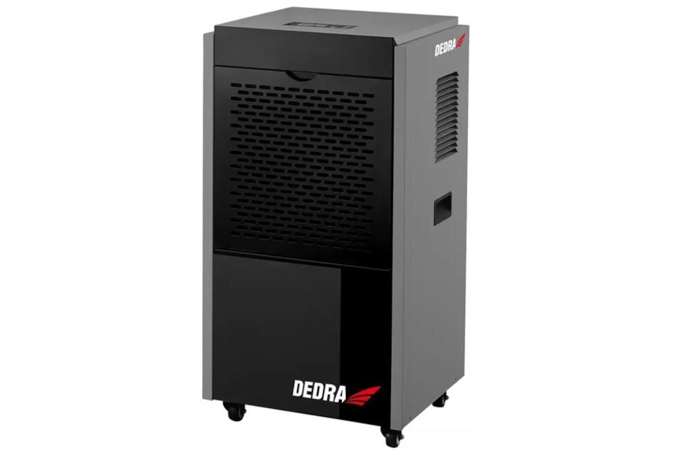 DEDRA DED9904 wilgoć pokój piwnica budowa osuszacz przepływ powietrze efektywność suszenie wydajność wyświetlacz LCD sterowanie obsługa komfort czynnik chłodzący klimat warstwa ozonowa timer automatyczne włączanie odszranianie filtr siateczkowy koł transport hałas zasilanie sieciowe