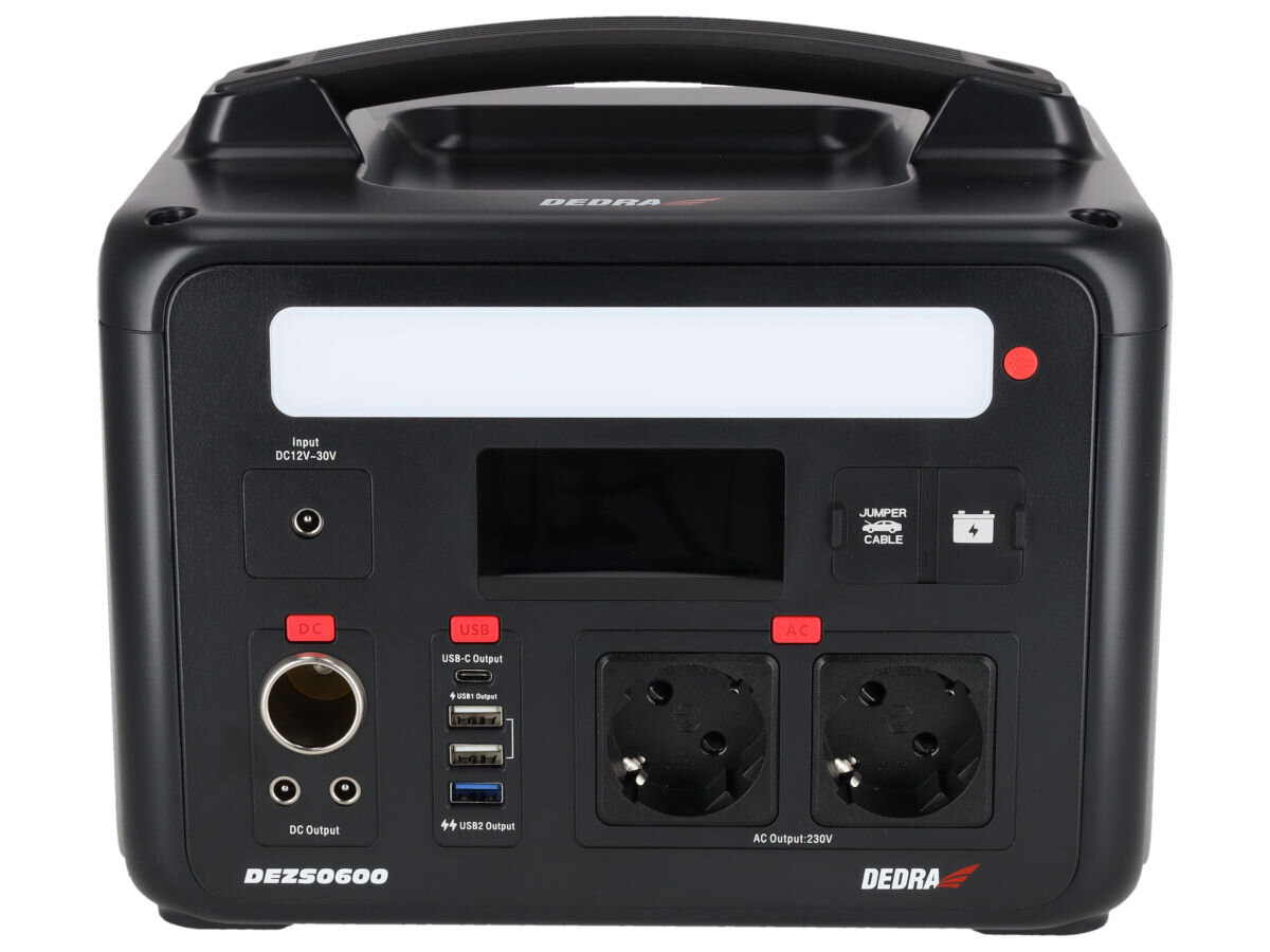 Stacja zasilania DEDRA DEZS0600 600W Bank energii wymiary waga zabezpieczenia, na białym tle stacja frontem na wprost