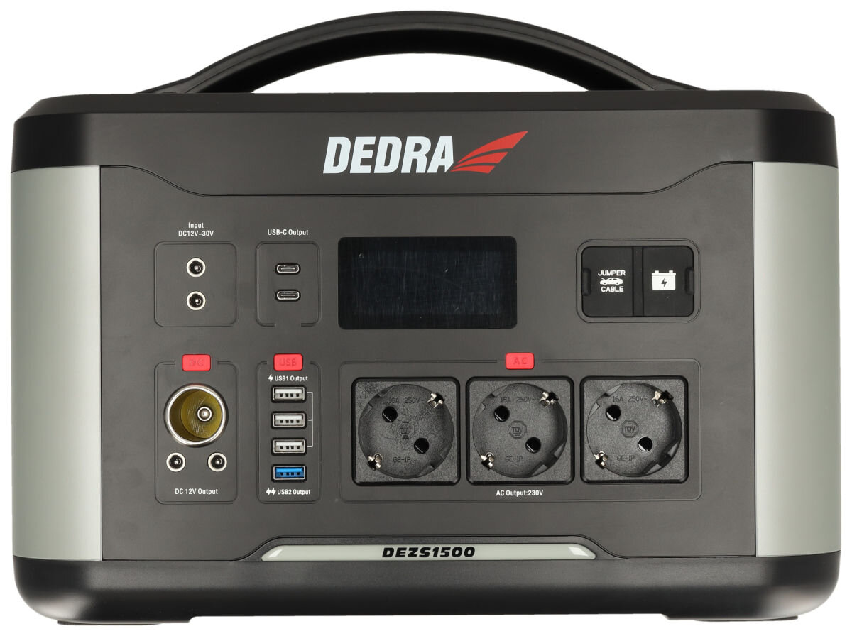 Stacja zasilania DEDRA DEZS1500 1500W Bank energii wymiary waga zabezpieczenia, na białym tle stacja frontem na wprost