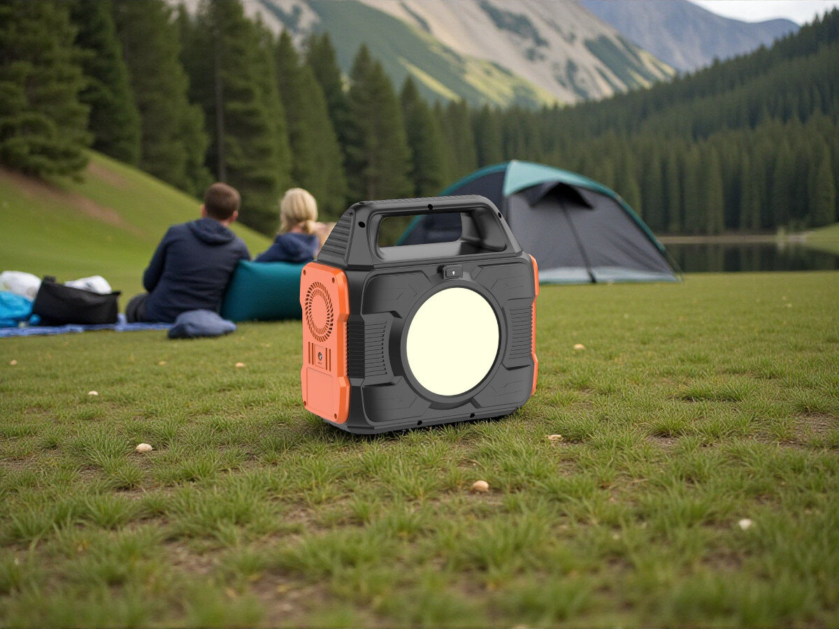 Stacja zasilania POWERNEED CPS300 288 Wh Bank energii, godziny, moc, czas, długo, Powerbank oświetla miejsce na tle gór, piknik nad jeziorem, para przed namiotem, jasna lampa.
