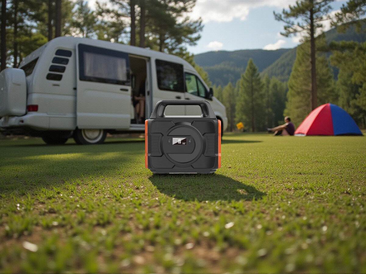 Stacja zasilania POWERNEED CPS300 288 Wh Bank energii, bezpieczeństwo, ochrona, automatyka, zarządzanie, Powerbank na trawie, w tle kamper, las i namiot, outdoorowe zasilanie podczas biwaku