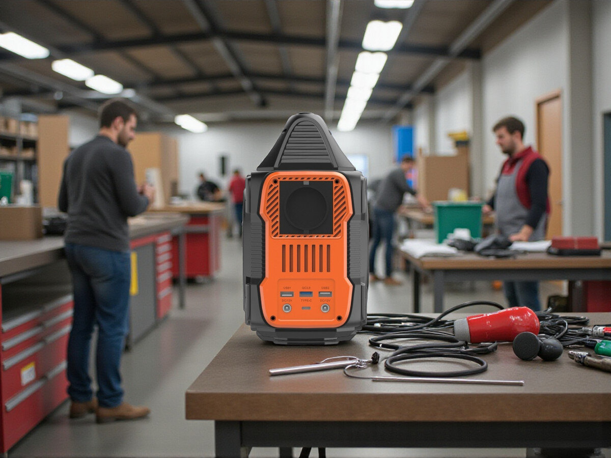 Stacja zasilania POWERNEED CPS300 288 Wh Bank energii, port USB-C, Power Delivery, 100W, sprzęt mobilny, Zbliżenie na porty zasilania i USB – ergonomiczny układ, czytelne opisy i pomarańczowe akcenty.