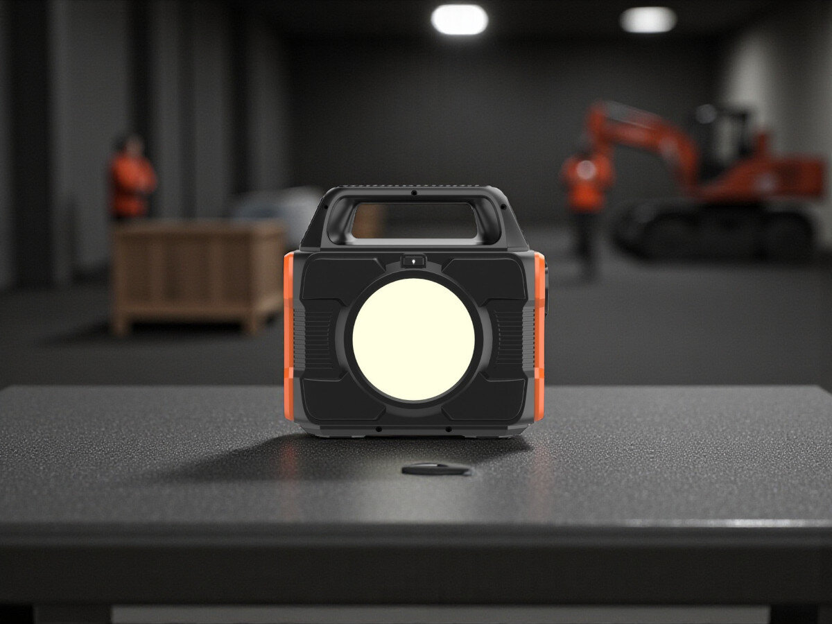 Stacja zasilania POWERNEED CPS300 288 Wh Bank energii, wyjścia DC, adaptery, kompatybilność, 12V, Powerbank oświetla ciemne pomieszczenie robocze, w tle sprzęt budowlany i robotnicy.