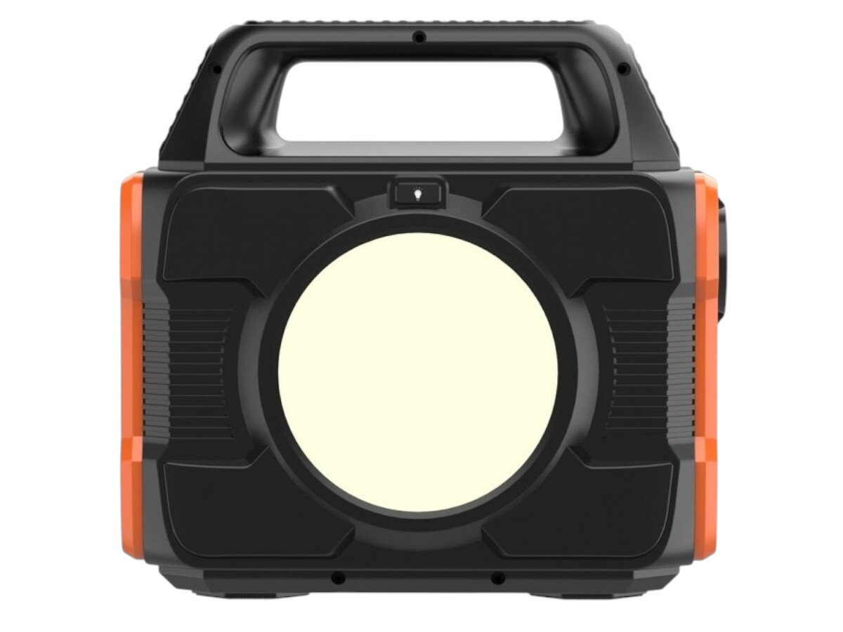 Stacja zasilania POWERNEED CPS300 288 Wh Bank energii, ładowanie AC, ładowanie solarne, mobilność, oszczędność, Widok z przodu – panel z jasną lampą LED, centralna pozycja, wygodny uchwyt transportowy.