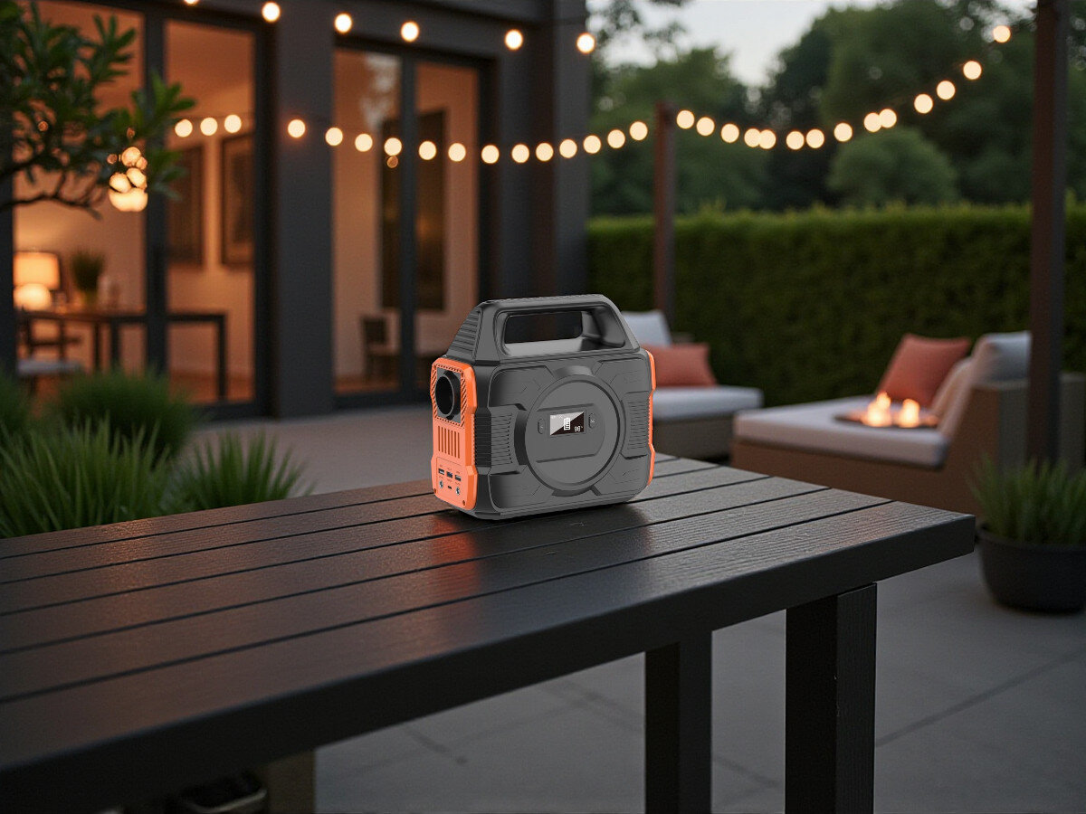 Stacja zasilania POWERNEED CPS300 288 Wh Bank energii, wyświetlacz LCD, poziom naładowania, informacja, kontrola, Powerbank na stole w ogrodzie, wieczorna scena, oświetlenie tarasu, stylowa przestrzeń zewnętrzna.