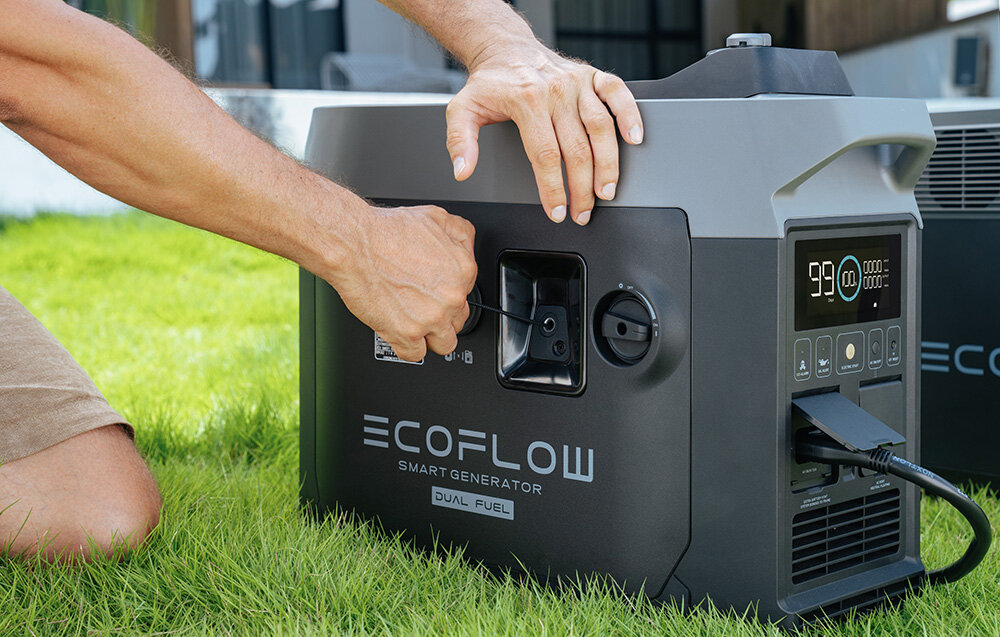 Agregat prądotwórczy ECOFLOW Dual Fuel 4 rozne sposoby uruchamiania z poziomu aplikacji za pomoca uchwytu rozruchowego przycisku elektrycznego gotowosc w 2 sekundy funkcja auto-start