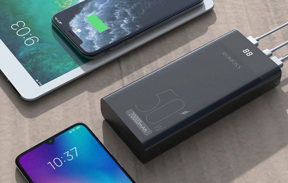 Powerbank ROMOSS PPD20 pojemność moc porty wyjścia USB-A USB typ-C ładowanie szybkość ekran diody wymiary waga odporny bezpieczny