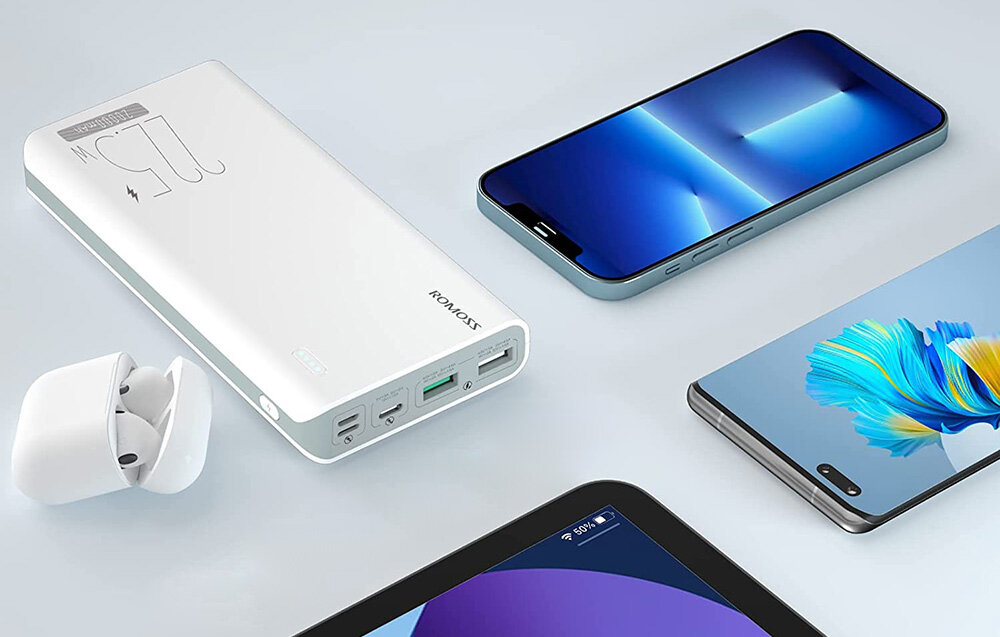 Powerbank ROMOSS Sense 8F pojemność moc porty wyjścia USB-A USB typ-C ładowanie szybkość ekran diody wymiary waga odporny bezpieczny