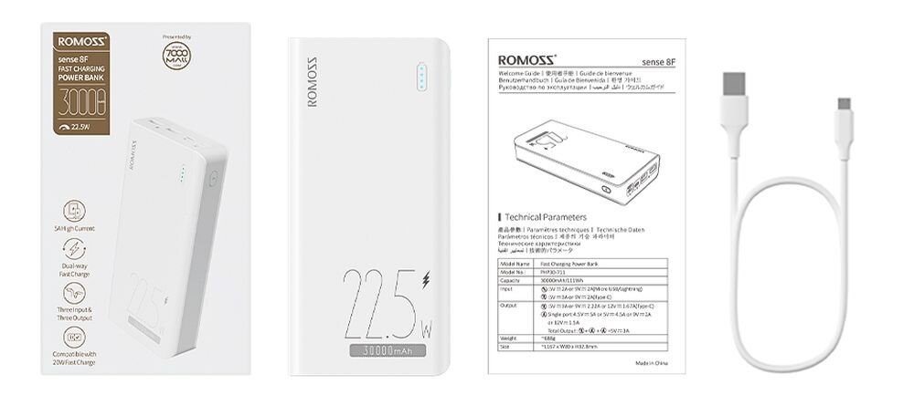 Powerbank ROMOSS SENSE8F pojemność moc porty wyjścia USB-A USB typ-C ładowanie szybkość ekran diody wymiary waga odporny bezpieczny