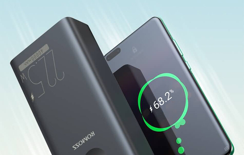 Powerbank ROMOSS PEA40PF pojemność moc porty wyjścia USB-A USB typ-C ładowanie szybkość ekran diody wymiary waga odporny bezpieczny