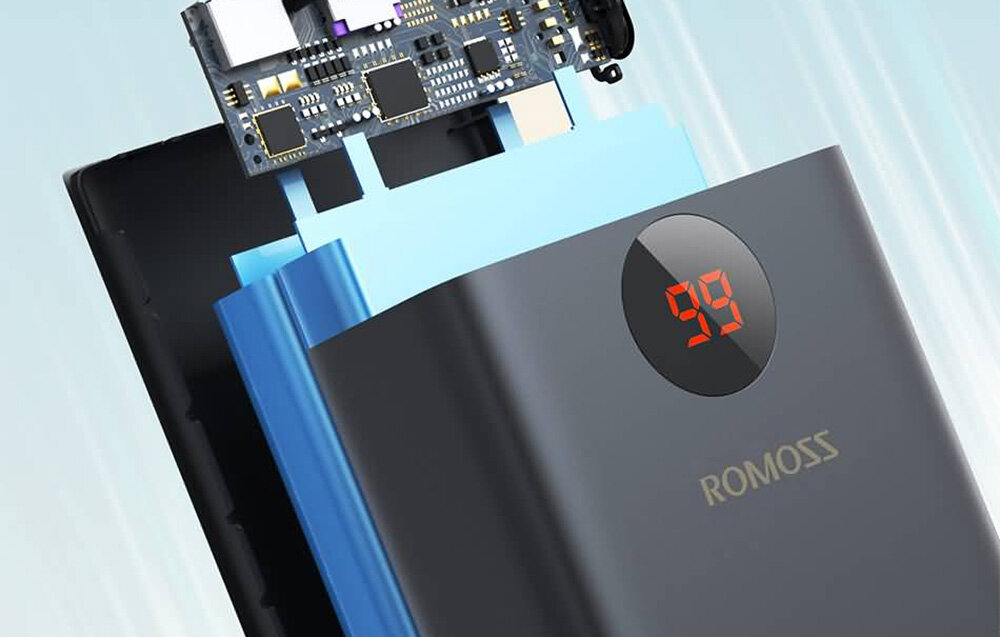 Powerbank ROMOSS PEA40PF pojemność moc porty wyjścia USB-A USB typ-C ładowanie szybkość ekran diody wymiary waga odporny bezpieczny
