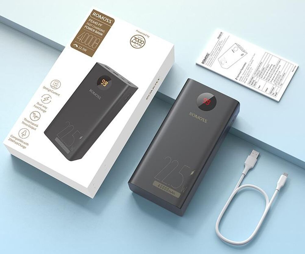 Powerbank ROMOSS PEA40PF pojemność moc porty wyjścia USB-A USB typ-C ładowanie szybkość ekran diody wymiary waga odporny bezpieczny