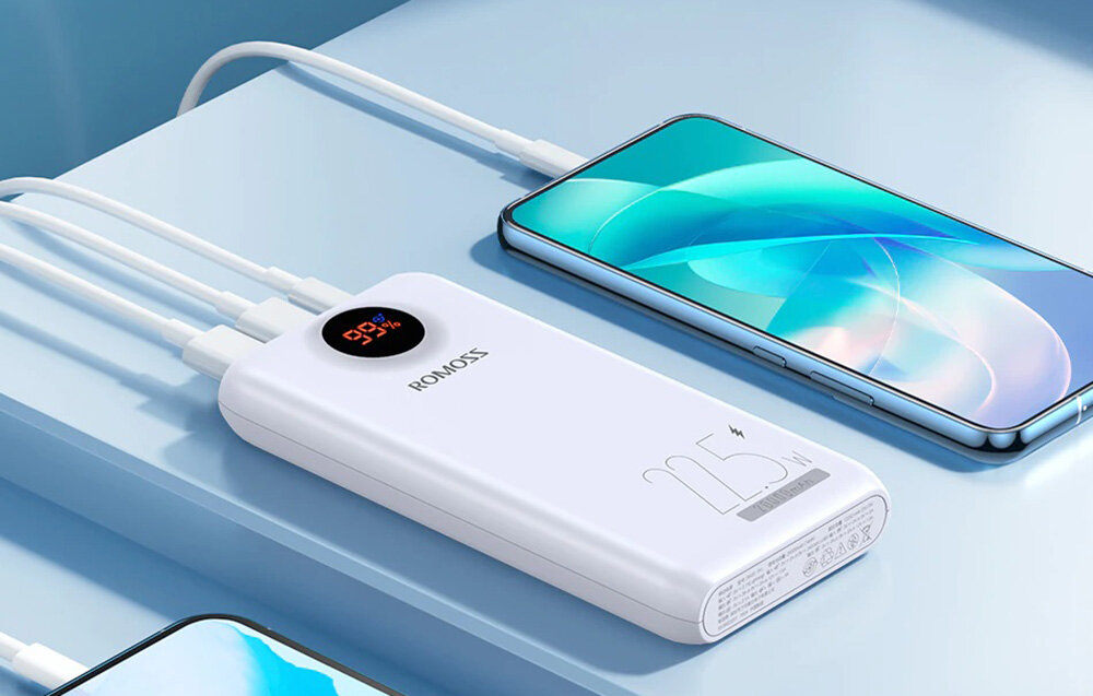 Powerbank ROMOSS SW20PF pojemność moc porty wyjścia USB-A USB typ-C ładowanie szybkość ekran diody wymiary waga odporny bezpieczny