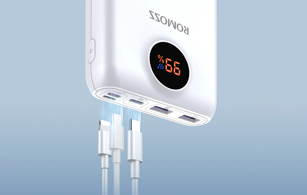 Powerbank ROMOSS SW20PF pojemność moc porty wyjścia USB-A USB typ-C ładowanie szybkość ekran diody wymiary waga odporny bezpieczny