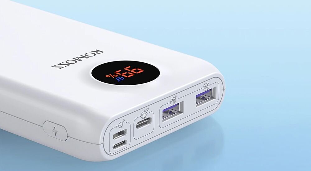 Powerbank ROMOSS SW20PF pojemność moc porty wyjścia USB-A USB typ-C ładowanie szybkość ekran diody wymiary waga odporny bezpieczny