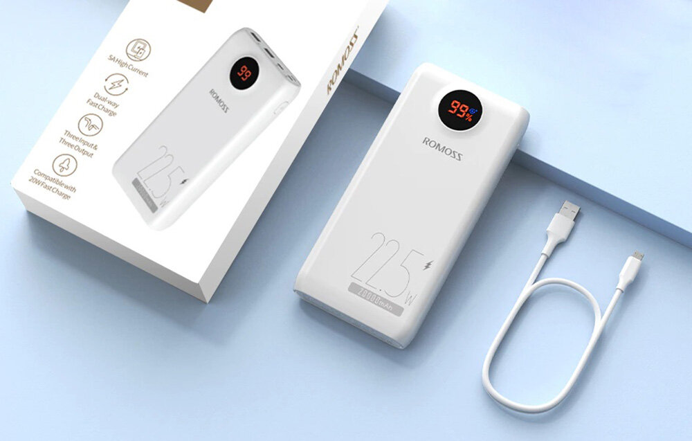 Powerbank ROMOSS SW20PF pojemność moc porty wyjścia USB-A USB typ-C ładowanie szybkość ekran diody wymiary waga odporny bezpieczny