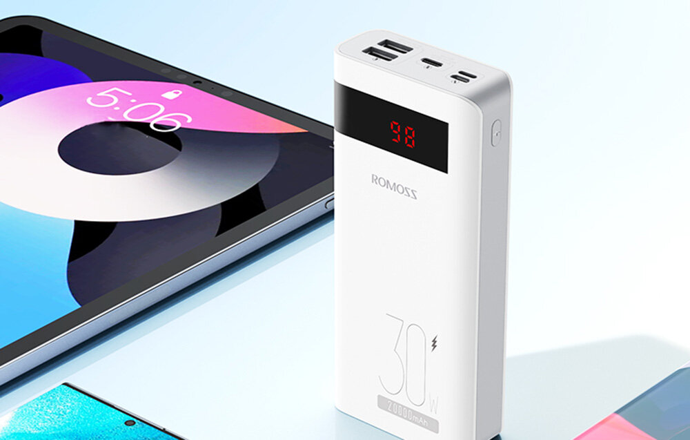 Powerbank ROMOSS Sense6PS Pro 20000mAh pojemność moc porty wyjścia USB-A USB typ-C ładowanie szybkość ekran diody wymiary waga odporny bezpieczny