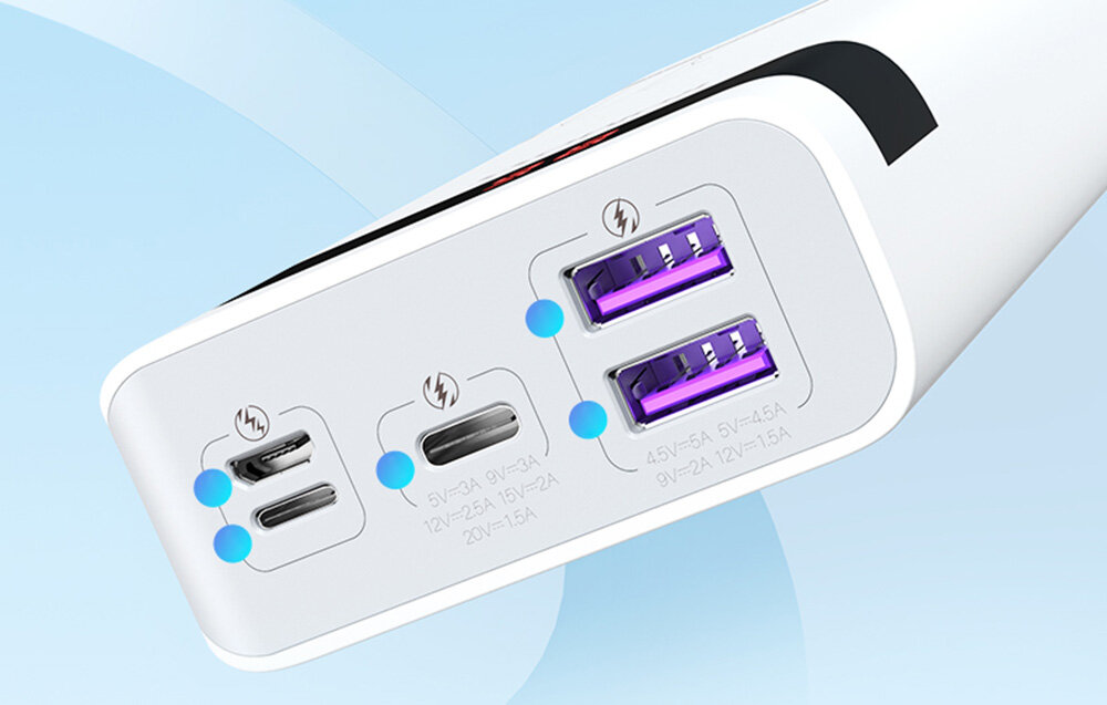Powerbank ROMOSS Sense6PS Pro 20000mAh pojemność moc porty wyjścia USB-A USB typ-C ładowanie szybkość ekran diody wymiary waga odporny bezpieczny
