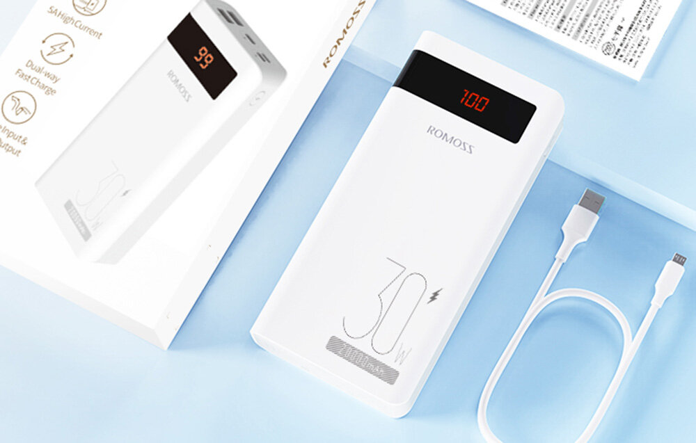 Powerbank ROMOSS Sense6PS Pro 20000mAh pojemność moc porty wyjścia USB-A USB typ-C ładowanie szybkość ekran diody wymiary waga odporny bezpieczny