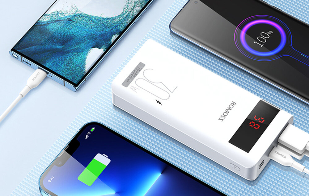 Powerbank ROMOSS Sense6PS Pro 20000mAh pojemność moc porty wyjścia USB-A USB typ-C ładowanie szybkość ekran diody wymiary waga odporny bezpieczny