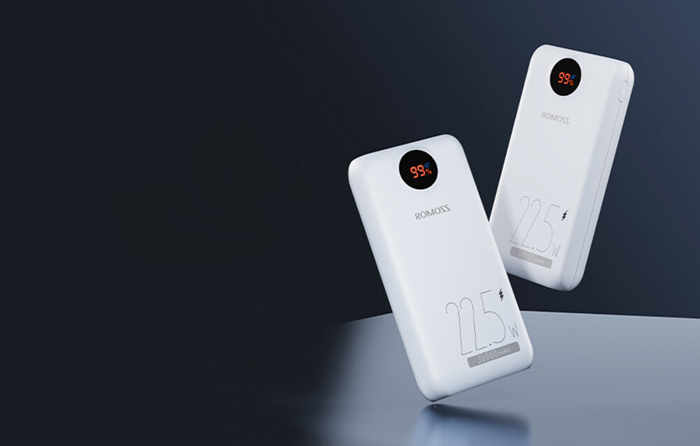 Powerbank ROMOSS PSW30PF pojemność moc porty wyjścia USB-A USB typ-C ładowanie szybkość ekran diody wymiary waga odporny bezpieczny