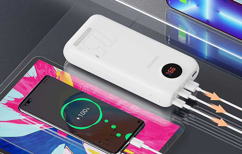 Powerbank ROMOSS PSW30PF pojemność moc porty wyjścia USB-A USB typ-C ładowanie szybkość ekran diody wymiary waga odporny bezpieczny
